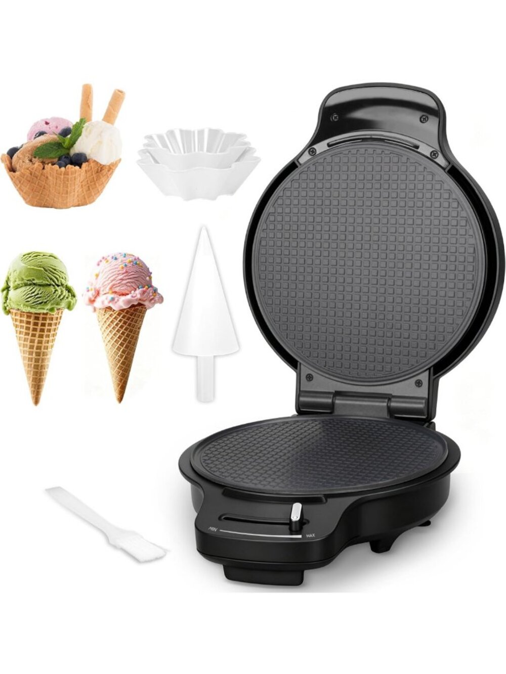 Crispy Waffle Cone Maker with Browning Control & Cone Roller - 7.5” Nonstick